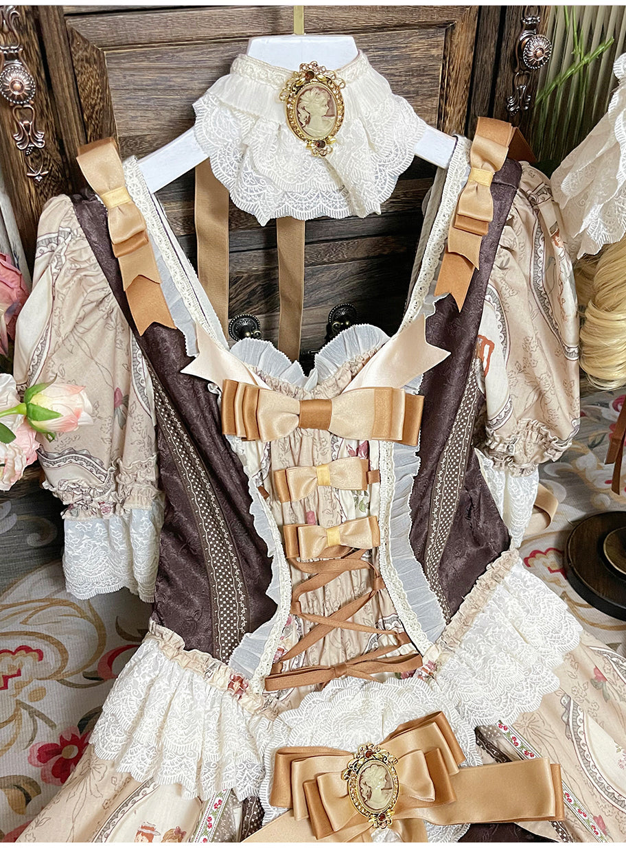 Brown [Baker Street Tea Party] Short Sleeves High Waisted Print Ruffle Embroidery Cardigan Bowknot Lace-Up Classic Vintage Princess Lolita Dress