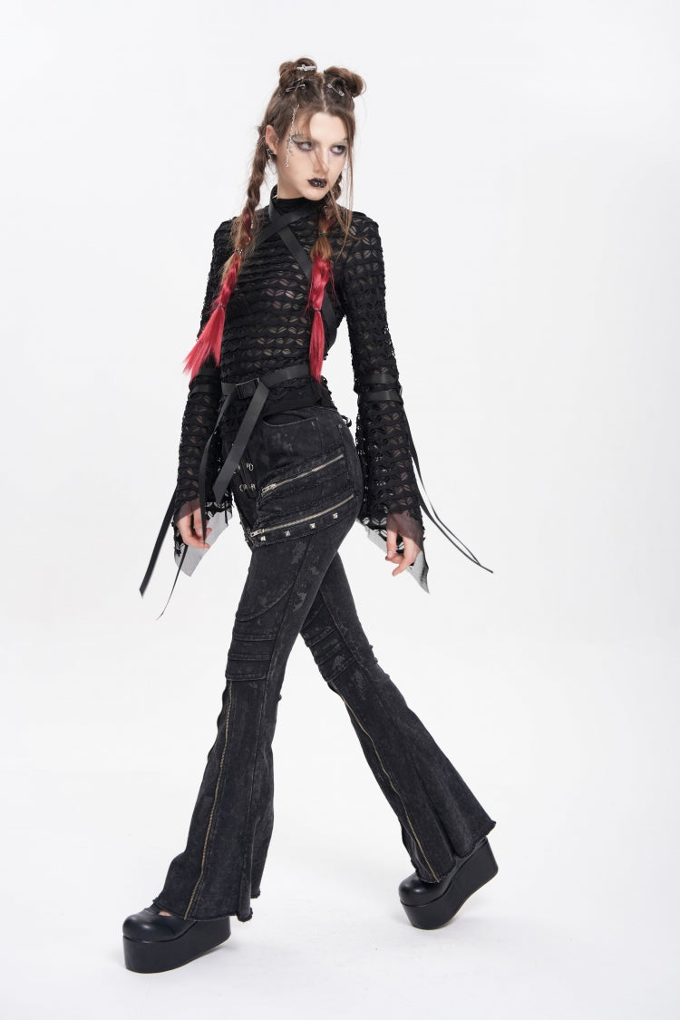 Black Zipper Pleated Women's Punk Flared Pants