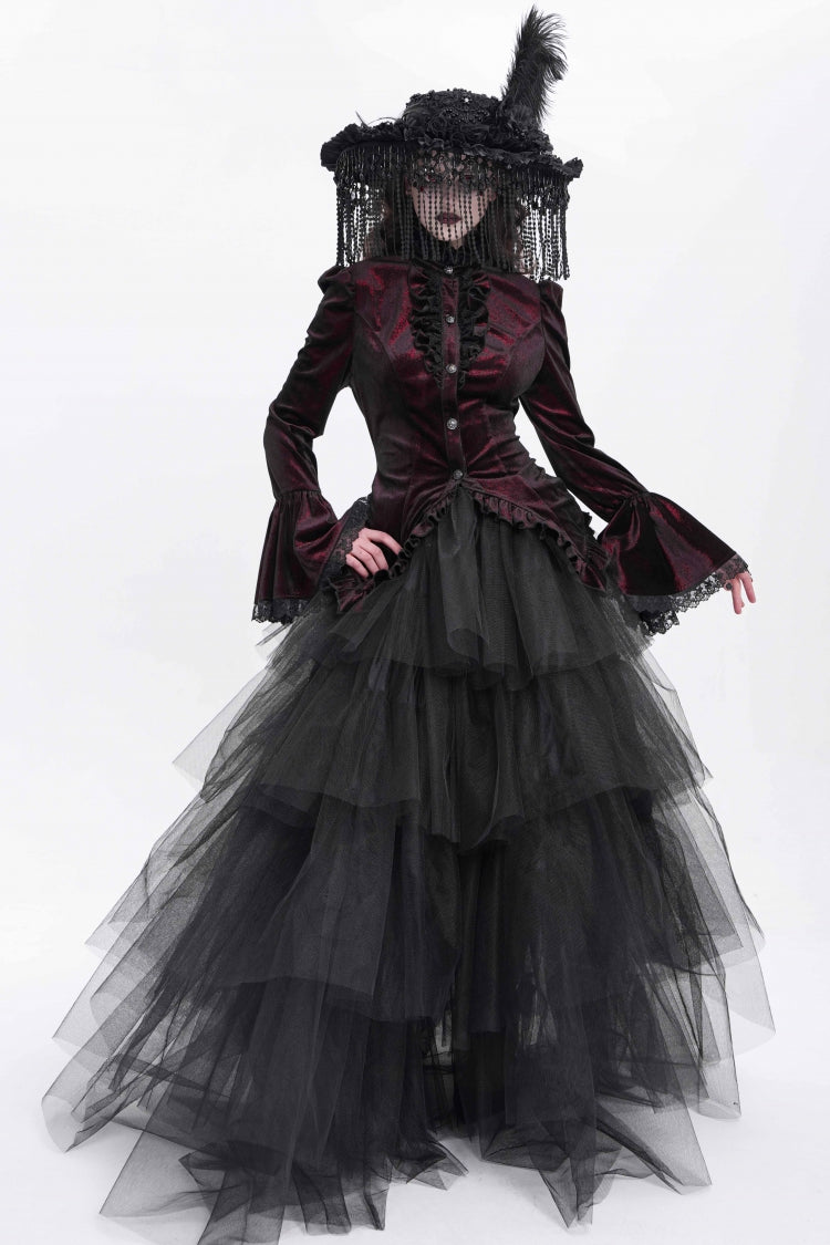 Red Stand Collar Long Trumpet Sleeves Ruffle Swallow-tailed Women's Gothic Blouse