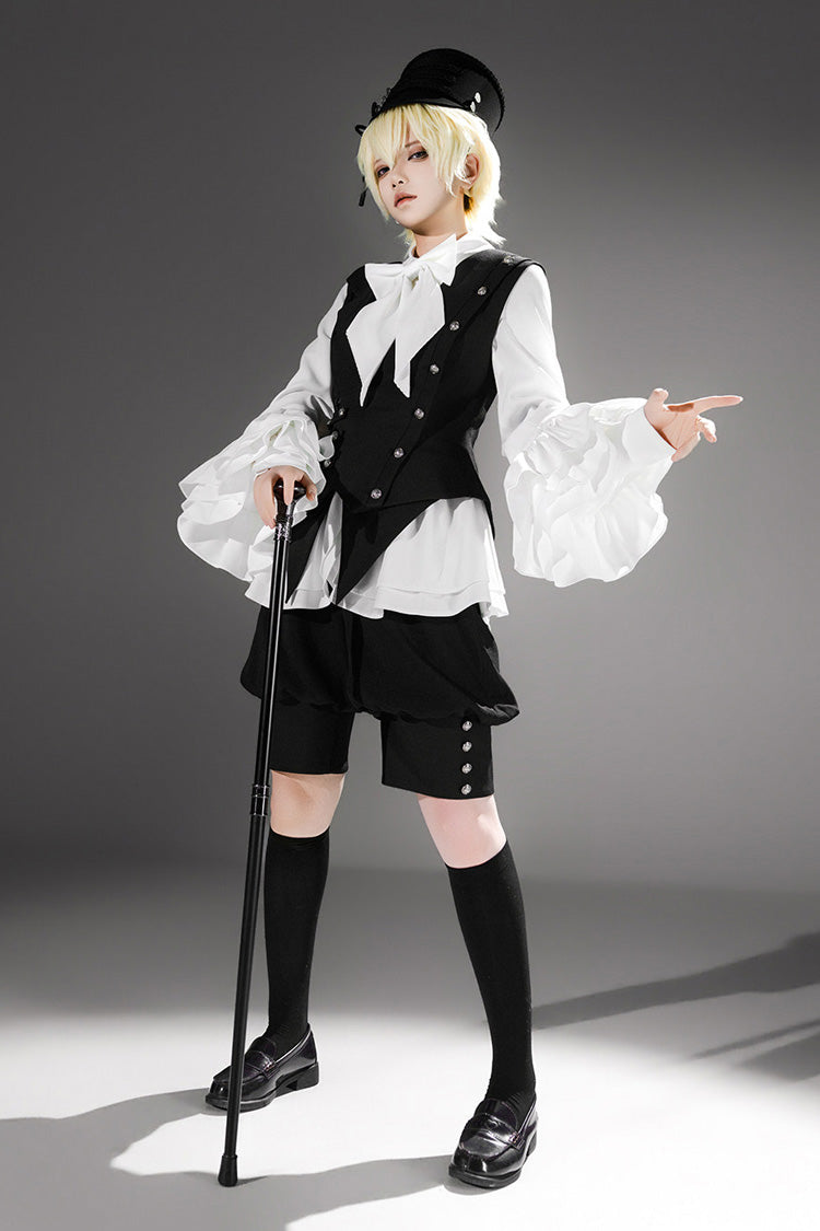 Black [Ash] Lapel Collar Long Sleeves Ruffled Bow Classic Vintage Elegant Prince Ouji Lolita Blouse Shorts Vest Set