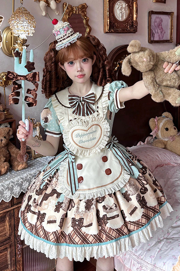 Brown [Peppermint Chocolate] Chocolate Cake Bear Print Ruffle Bowknot Lace-Up Sweet Lolita Dress