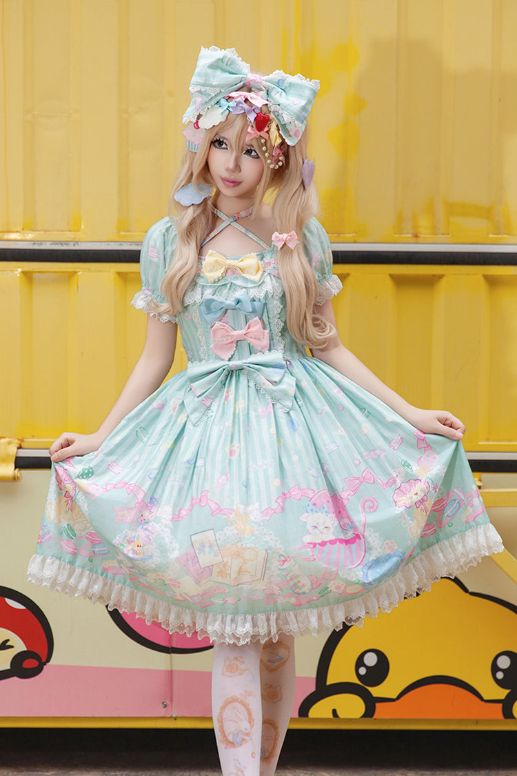 [Macaron Dolly House] Robe Lolita douce à col Claudine, manches courtes, imprimé nœud papillon, 3 couleurs 