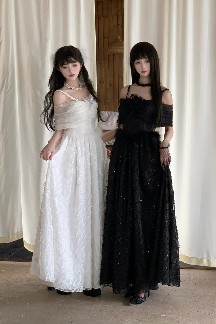 Schwarzes [Moonlight] Schulterfreies Gothic-Lolita-JSK-Kleid mit Jacquard-Stickerei und Schleife