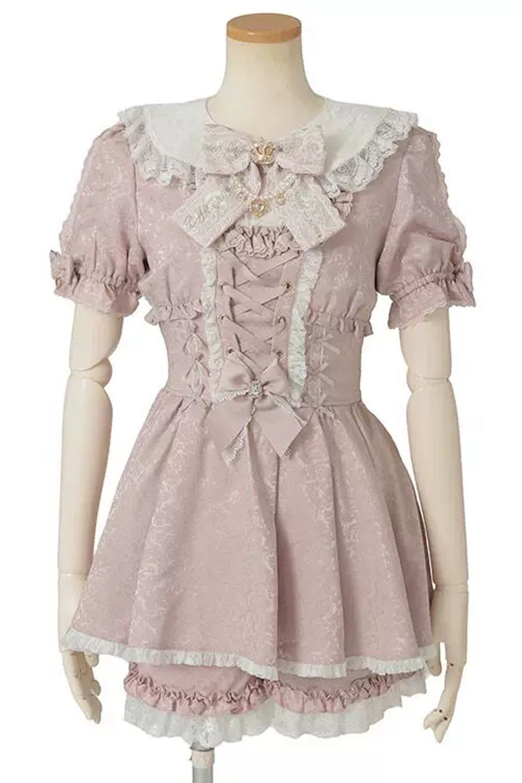 Süßer Reverskragen, kurze Ärmel, Jacquard, Rüschen, Schleife, Spitze, Jirai Kei, Übergröße, japanisches Lolita-Kleid-Set, 2 Farben