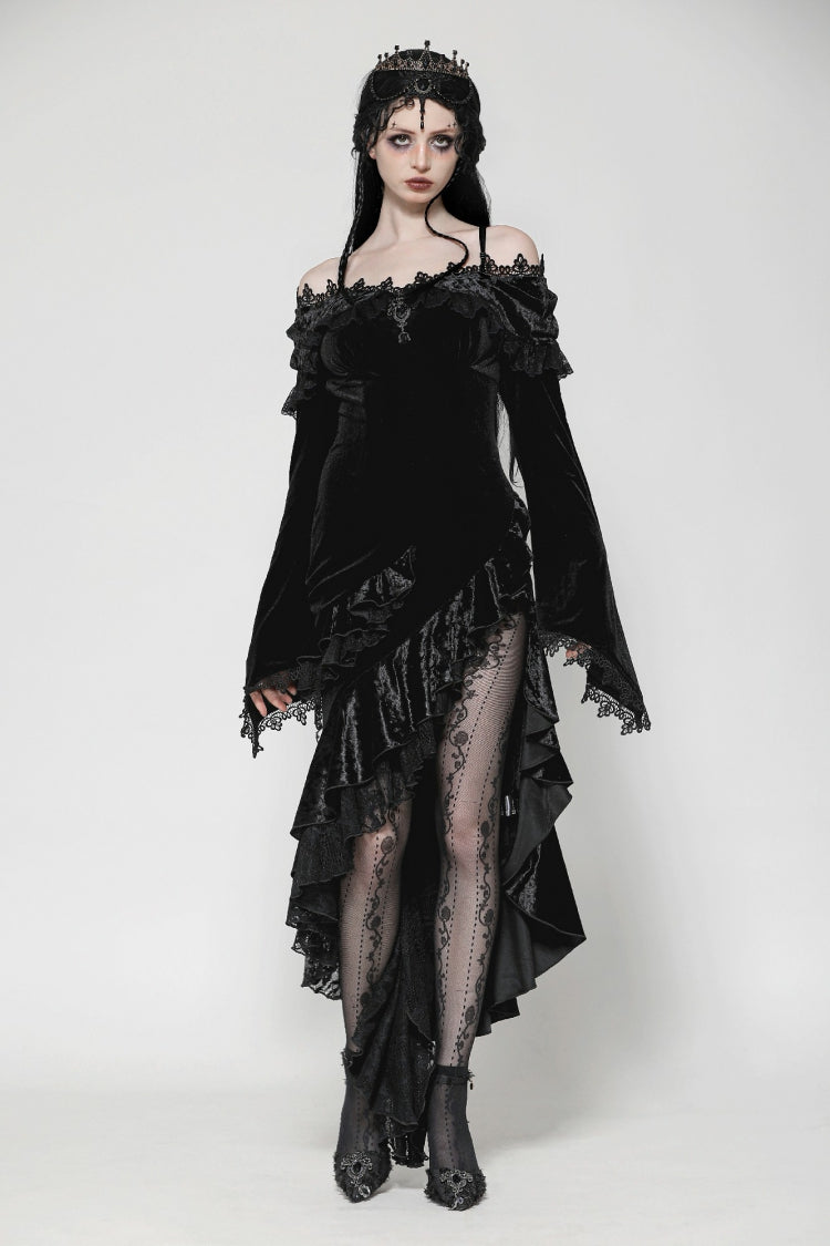Schwarzes schulterfreies Gothic-Damenkleid mit Edelsteinanhänger, langen Trompetenärmeln, Schnürung, Spitze, Rüschen, Fischschwanzkleid und Samtkleid
