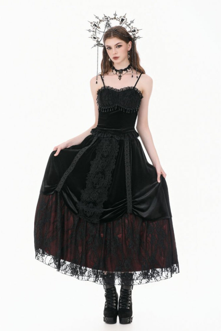 Schwarzes Spitzen-Mesh-Patchwork-Samt-Damen-Gothic-Vintage-Bustier mit Perlenquasten-Tropfen