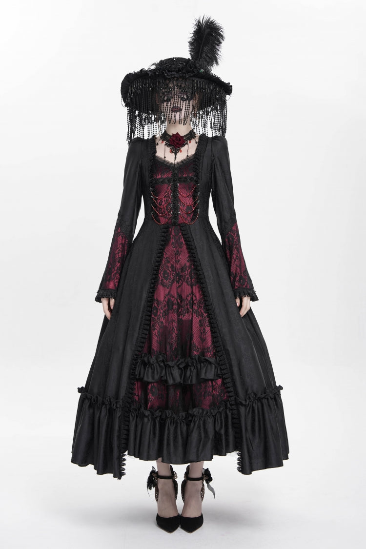 Red Long Sleeves Floral Embroidery Lace-Up Pleated Women's Gothic Dress