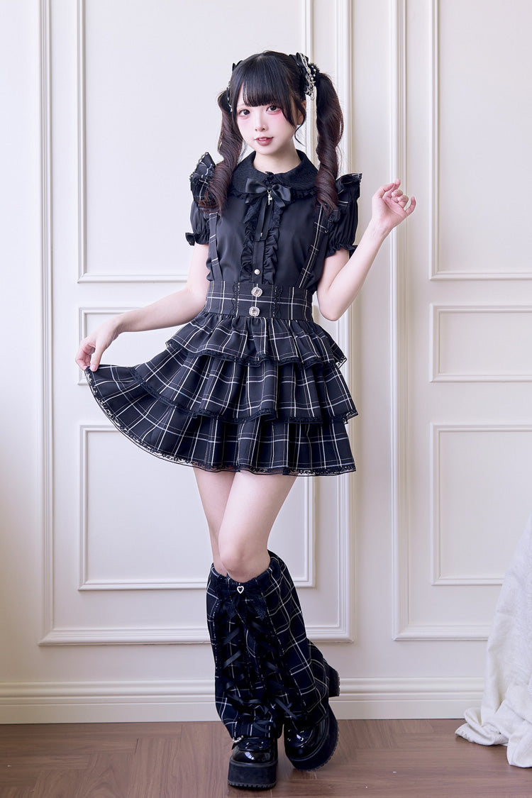 Black Triple-Layered Plaid Print Ruffle Gothic Jirai Kei Japanese Strap Dress