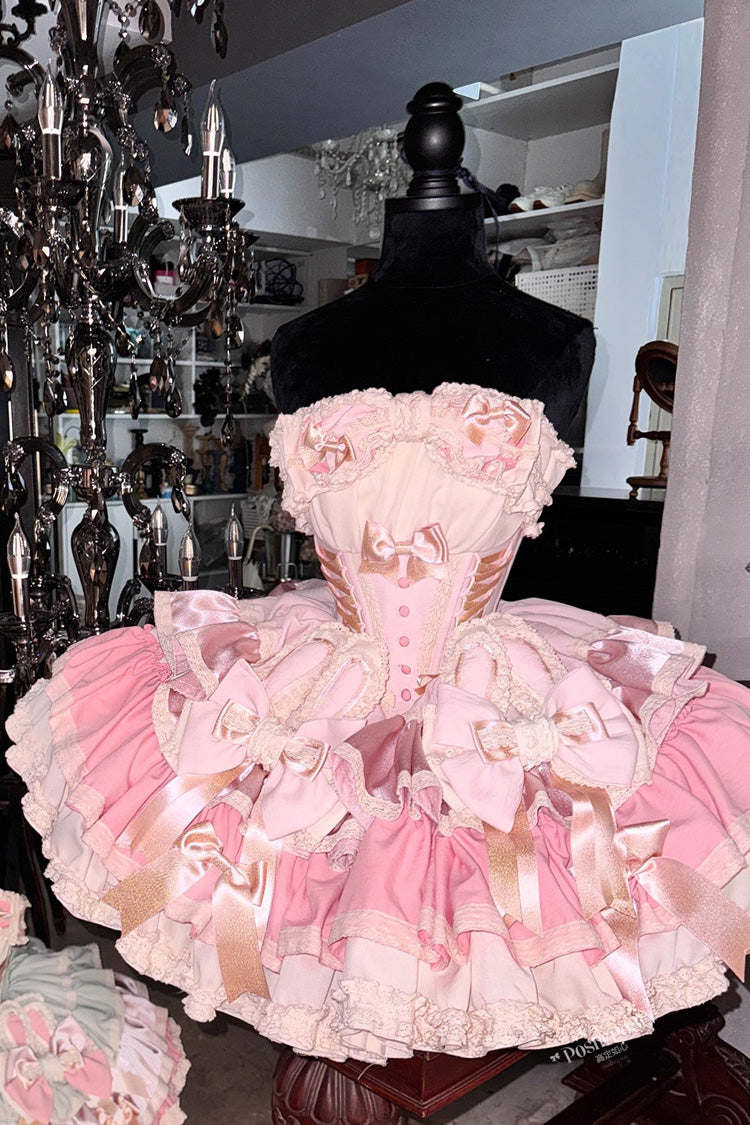 [Ribbon Dance] Multi-Layered Ruffle Bowknot Lace-Up Sweet Princess Lolita Dress 3 Colors