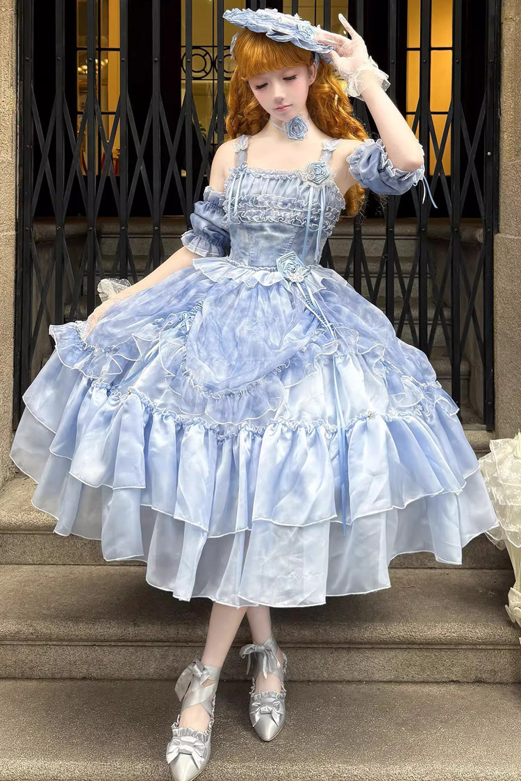 [Goodnight Camellia] Sleeveless Ombre Multi-Layered Printed Ruffled Lace Fishbone Sweet Lolita Jsk Dress 3 Colors