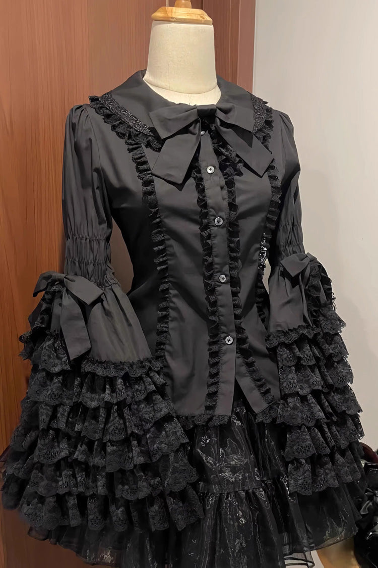 Lapel Collar Long Hime Sleeves Ruffle Bowknot Lace Sweet Lolita Blouse 3 Colors