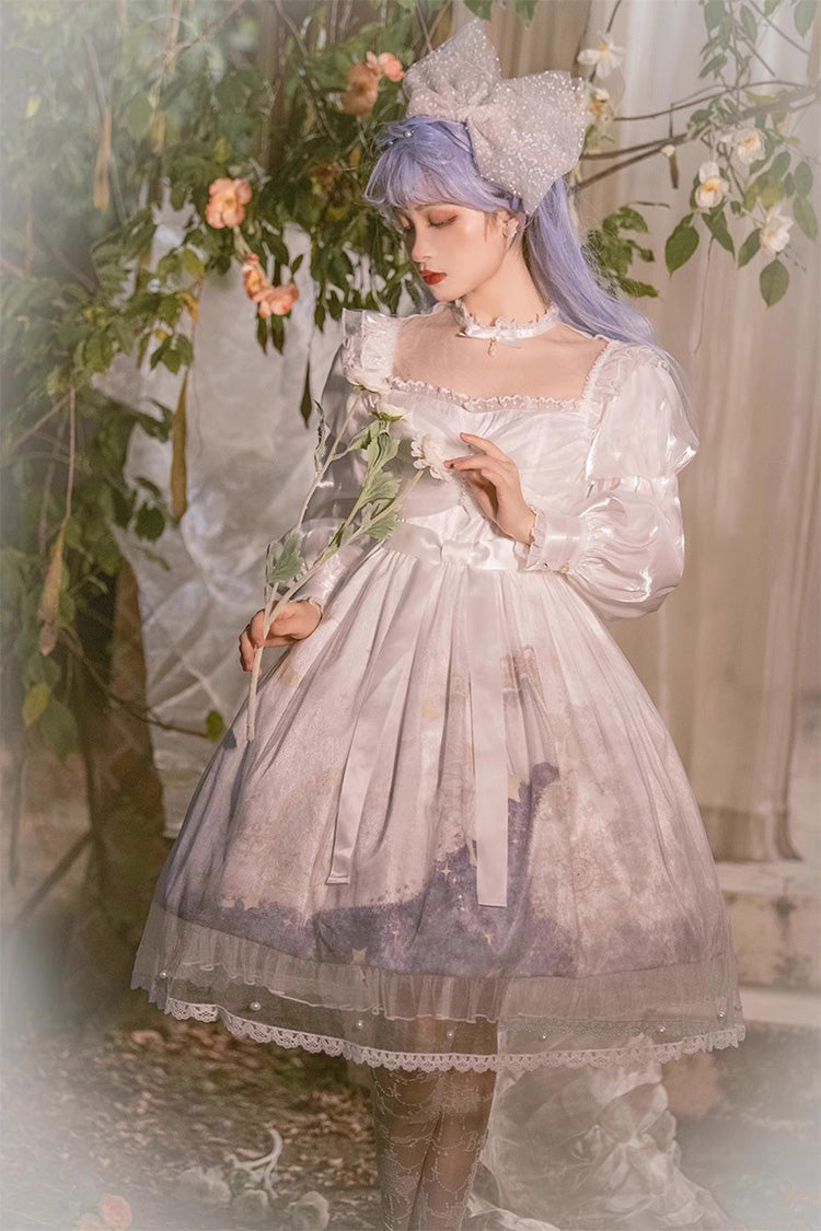 Mehrfarbiges, süßes Lolita-JSK-Prinzessinnenkleid mit langen Laternenärmeln und Rüschen