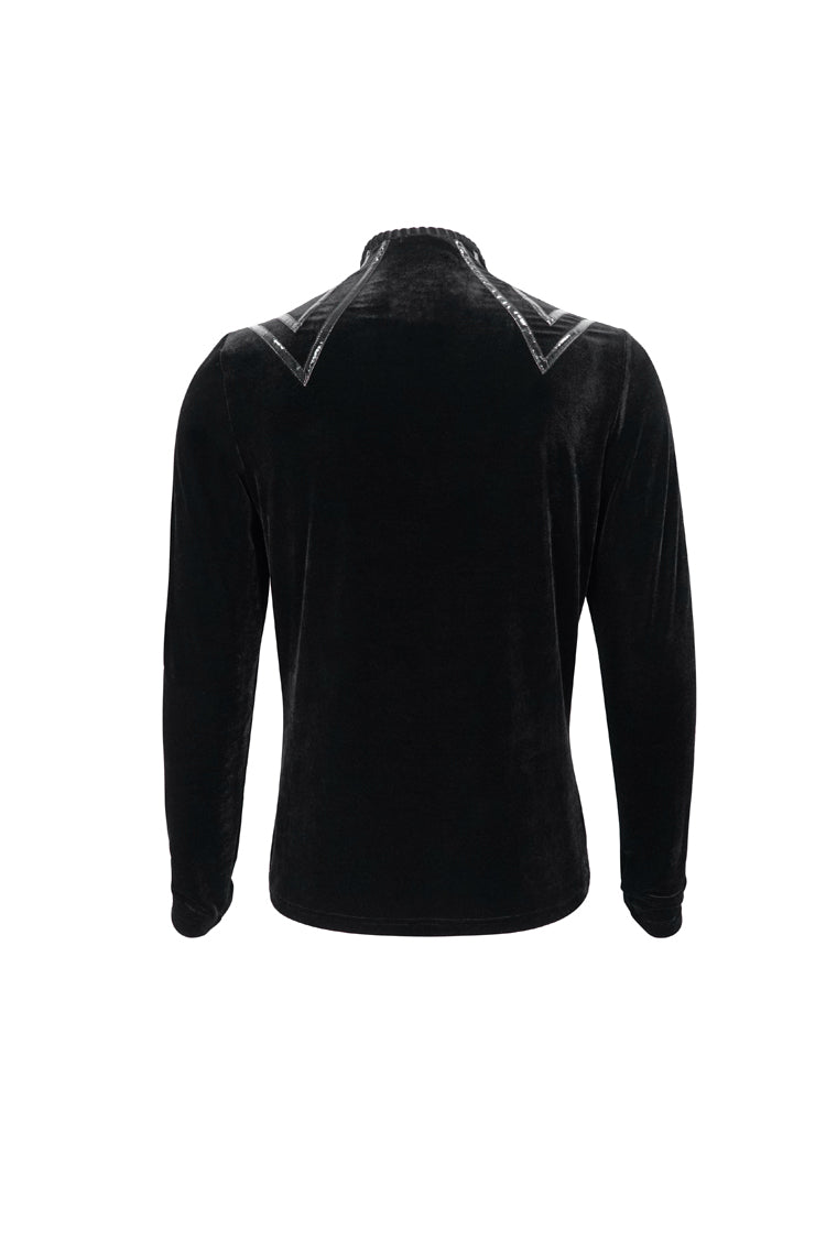 Black Round Collar Long Sleeves Stripes Splice Velvet Men's Gothic Shirt