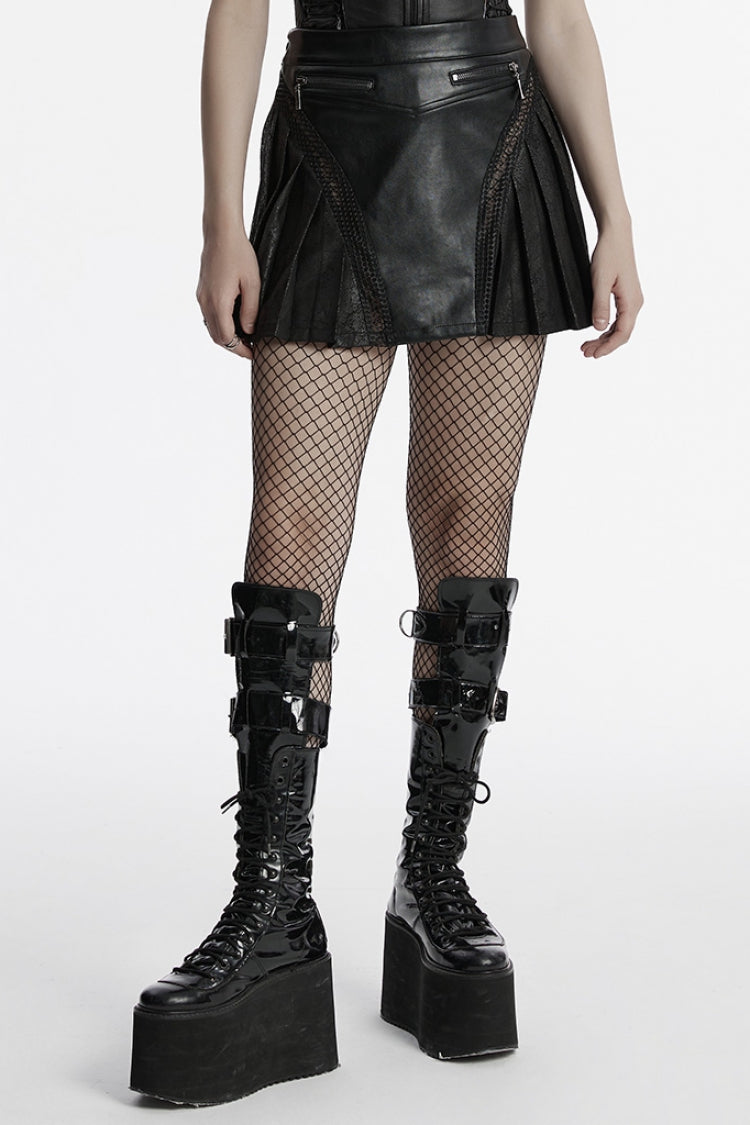 Jupe punk pour femme en simili cuir noir à plis cousus 