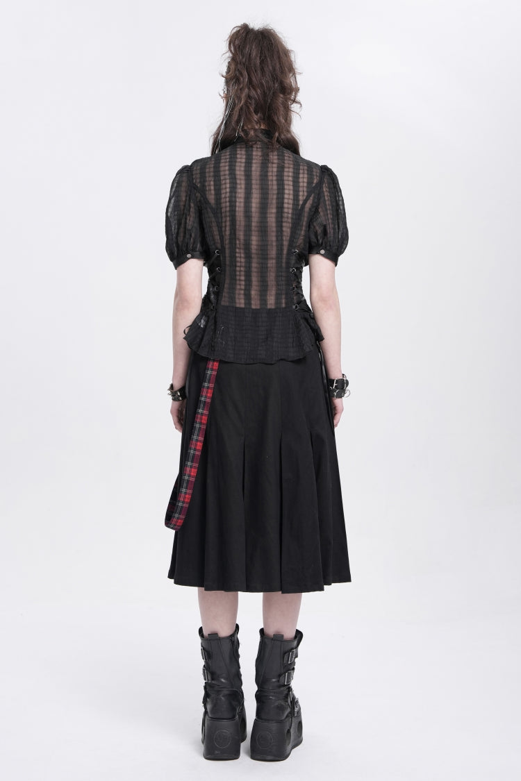 Black Stand Collar Short Puff Sleeves Sheer Mesh Women's Gothic Blouse