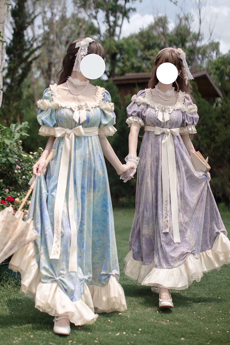 Robe Lolita Princesse Douce à Manches Courtes Imprimée avec Volants et Nœud Papillon [Poème de Peinture à l'Huile Soleil et Lune] Violette 