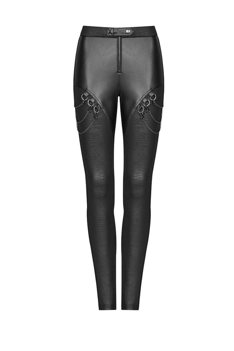 Schwarze Crack Velvet Splice Knit PU-Leder Metallschnalle Connect Chain Damen Punk Leggings
