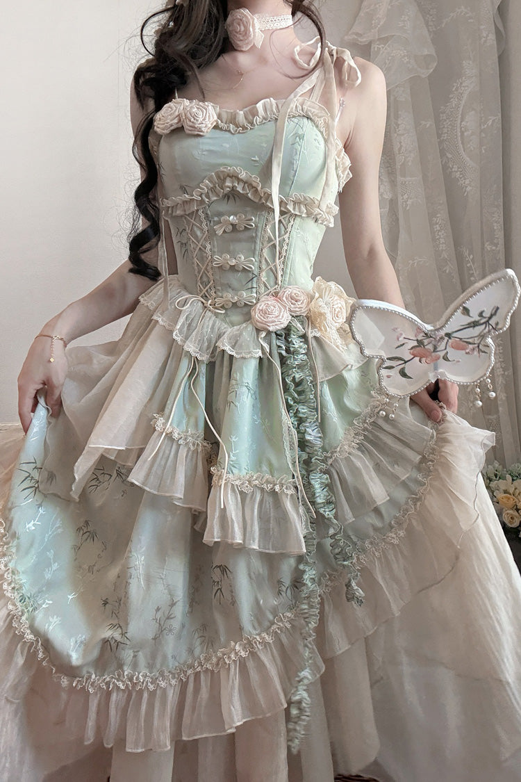 Green [Tea Bamboo Song] Sleeveless Jacquard Ruffle Bowknot Lace Irregular Sweet Chinese Style Ballet Lolita Jsk Dress Long Version Set