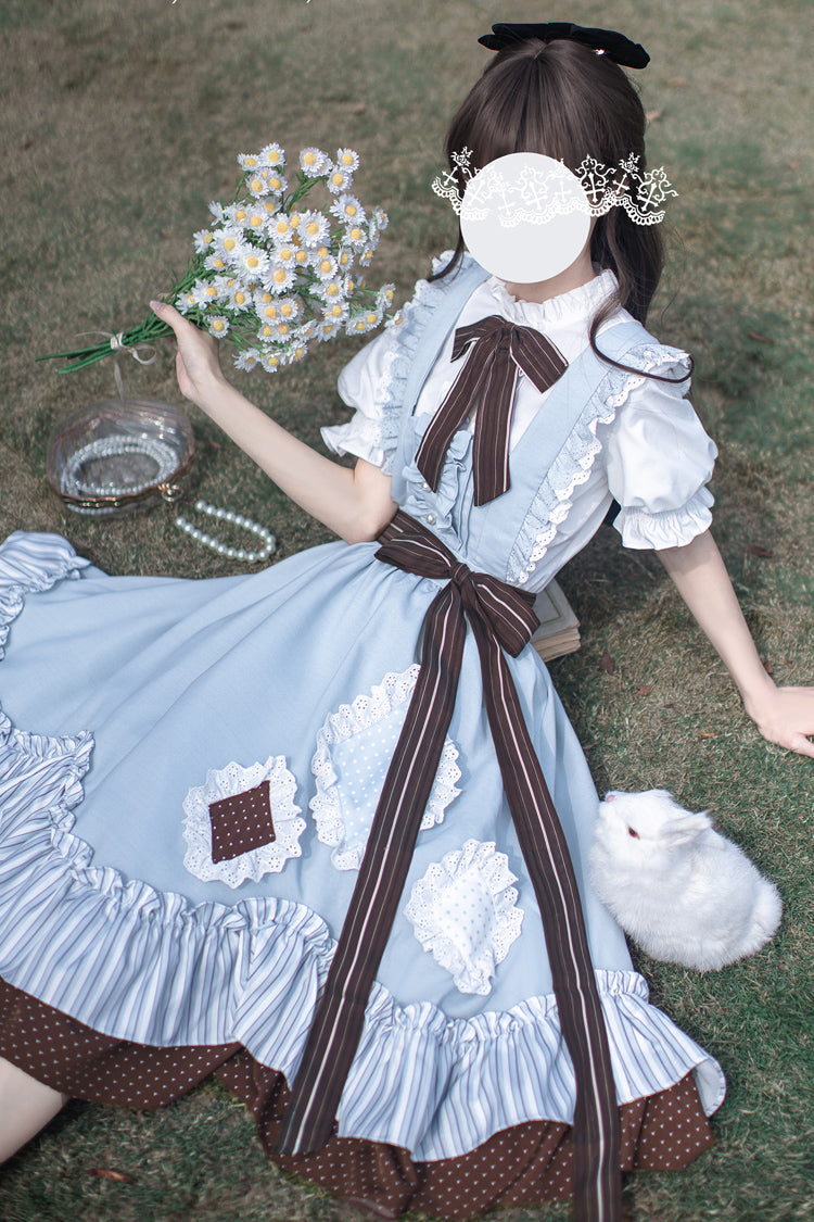 Blue [Magic Vocal Club] Sleeveless Print Ruffle Bowknot Sweet Alice College Style Elegant Lolita Jumper Dress