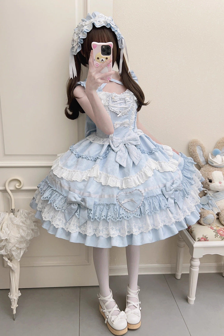 Robe Lolita Jsk bleue [Super Cute Belia] sans manches à trois volants superposés avec nœud en dentelle douce et élégante 