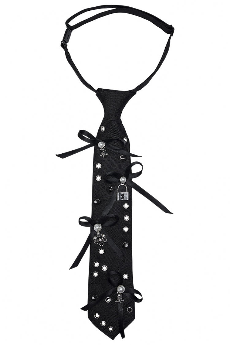 Black Metal Pendant Rivets Adjustable Bowknot Women's Steampunk Necktie