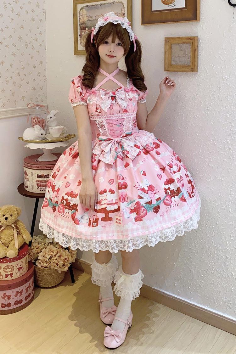 Pink [Strawberry Parfait] Print Short Sleeves Ruffle Bowknot Lace Lace-Up Sweet Lolita Dress