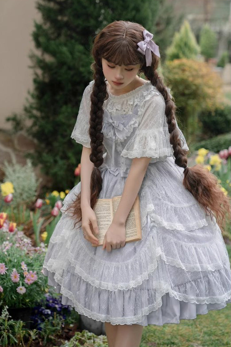 Blue Iris Love Multi-layer Jacquard Bowknot Sweet Elegant Princess Lolita Jsk Dress