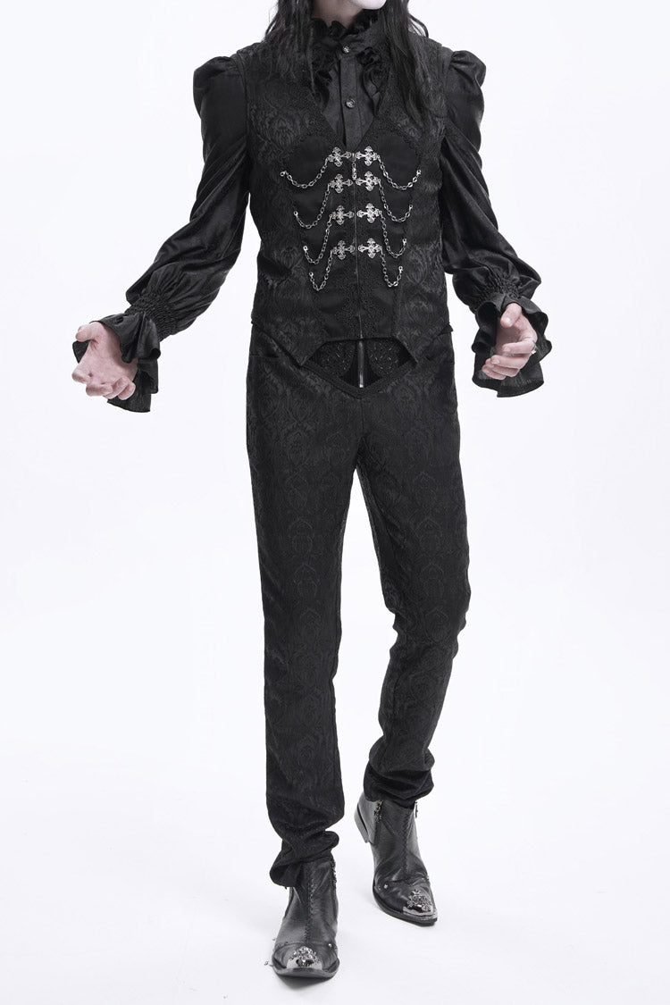 Black Floral Print Embroidery Branded Zip Men's Gothic Pants