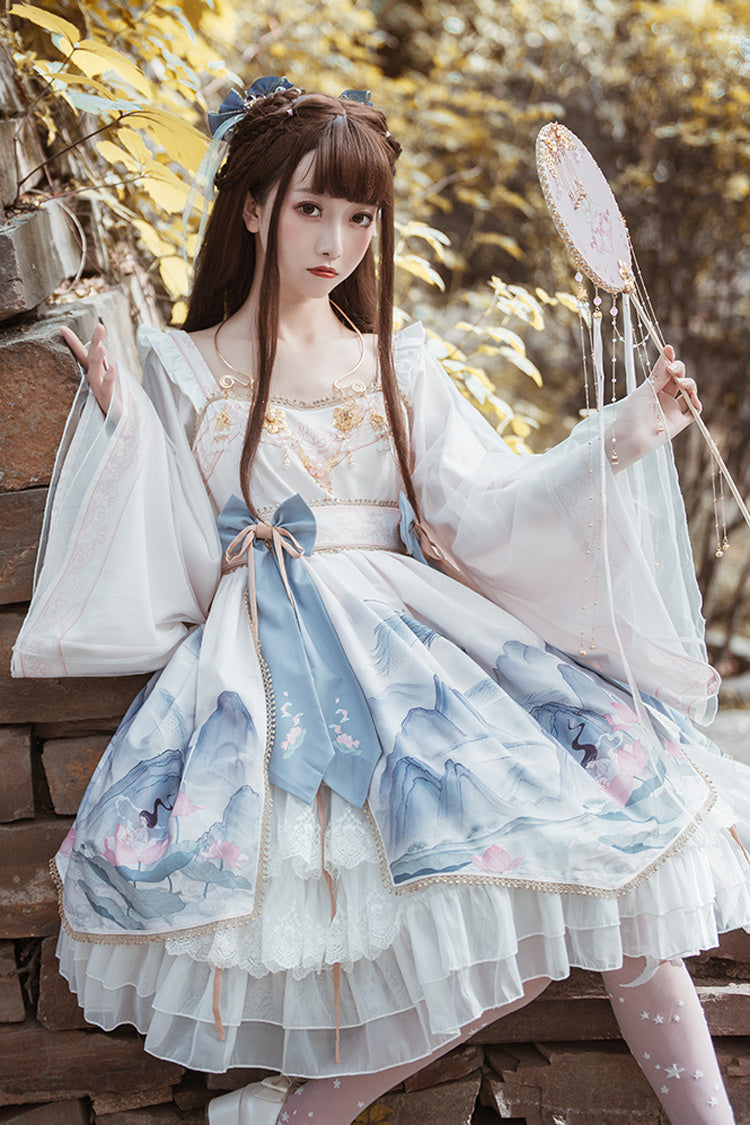 Chinese Style Long Sleeves Landscape Painting Print Bowknot Sweet Elegant Lolita Dress 2 Colors