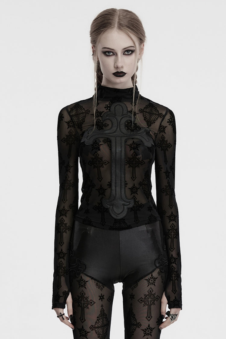 Black Stand Collar Long Sleeves Star Cross Embroidery Sheer Mesh Women's Gothic T-Shirt