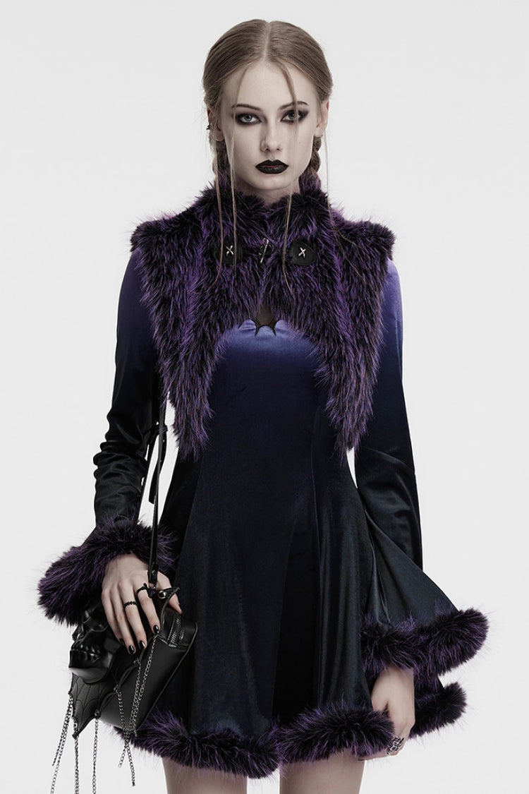 Cape gothique pour femme en fausse fourrure dégradée sans manches avec col montant violet 