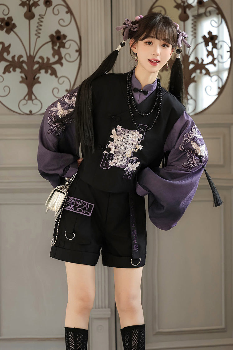 Black/Purple Stand Collar Long Sleeves Embroidery Classic Chinese Style Prince Hanfu Ouji Set