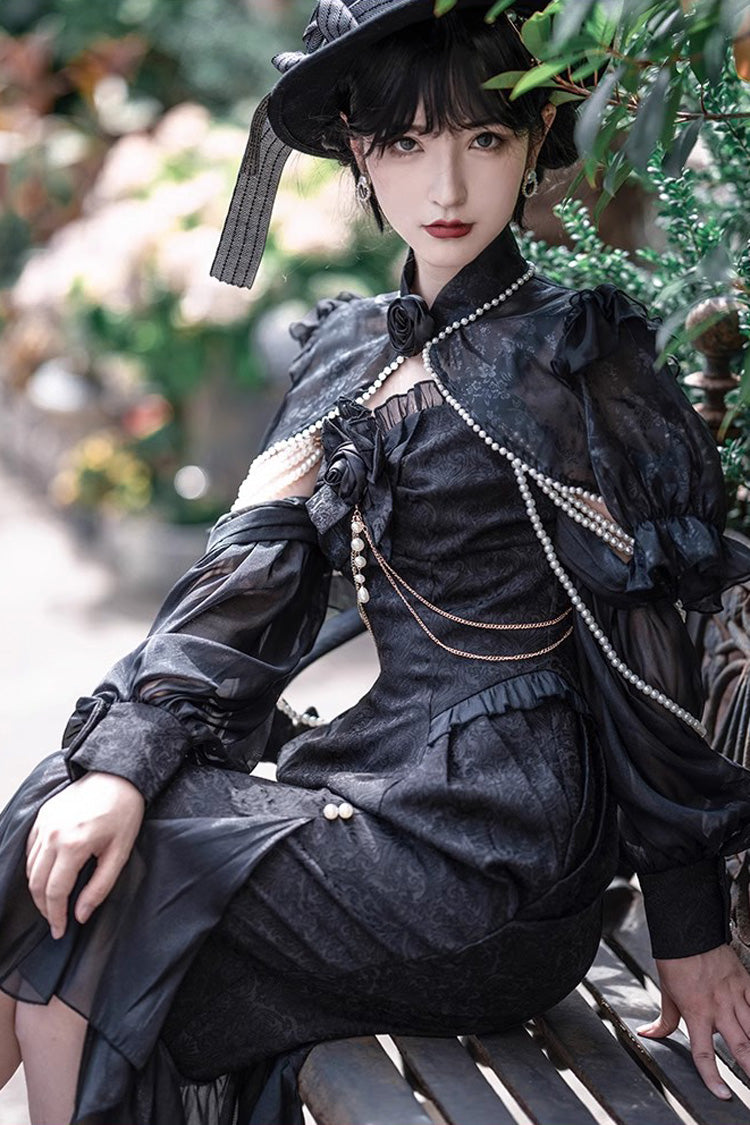 Black [Camellia 1.0] Sleeveless Jacquard Ruffle Lace Gothic Chinese Style Lolita Jsk Fishtail Dress