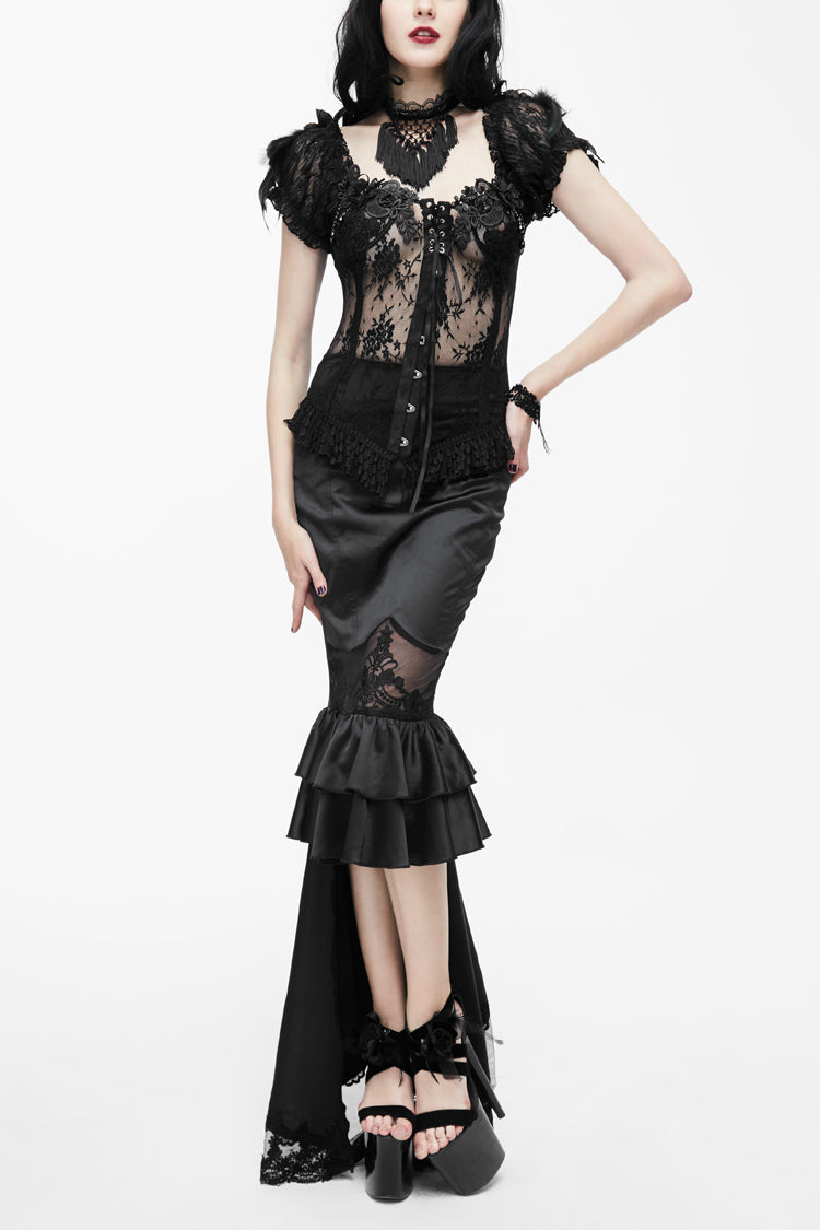 ブラック バック デカール透明メッシュ裾サテン末尾女性のゴシック スカート