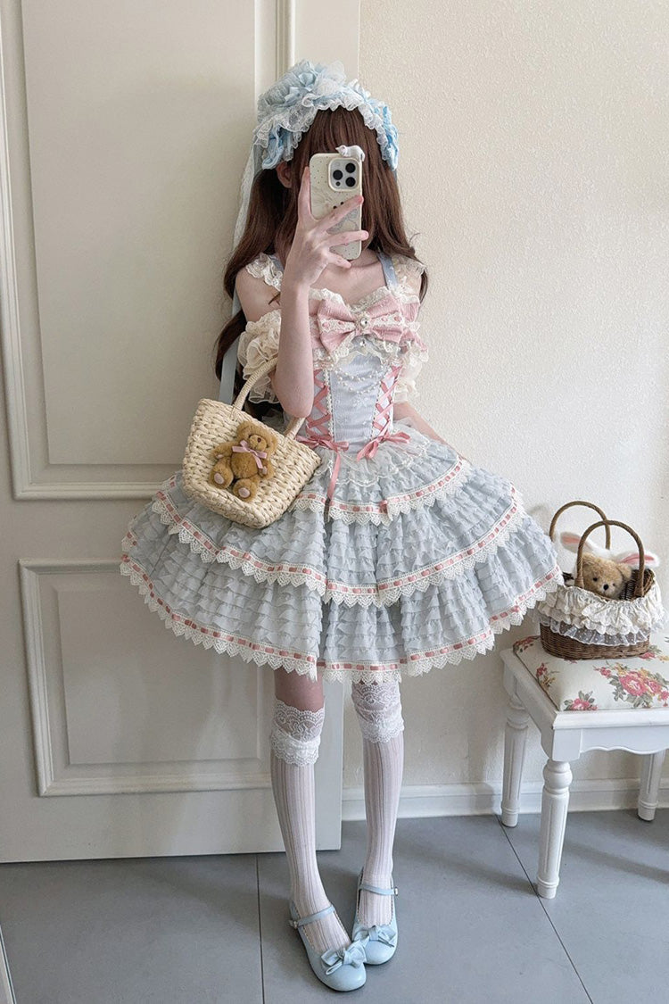 Blue [Song of Floral Letters] Sleeveless Triple-Layered Bowknot Lace-Up Sweet Lolita Jsk Dress