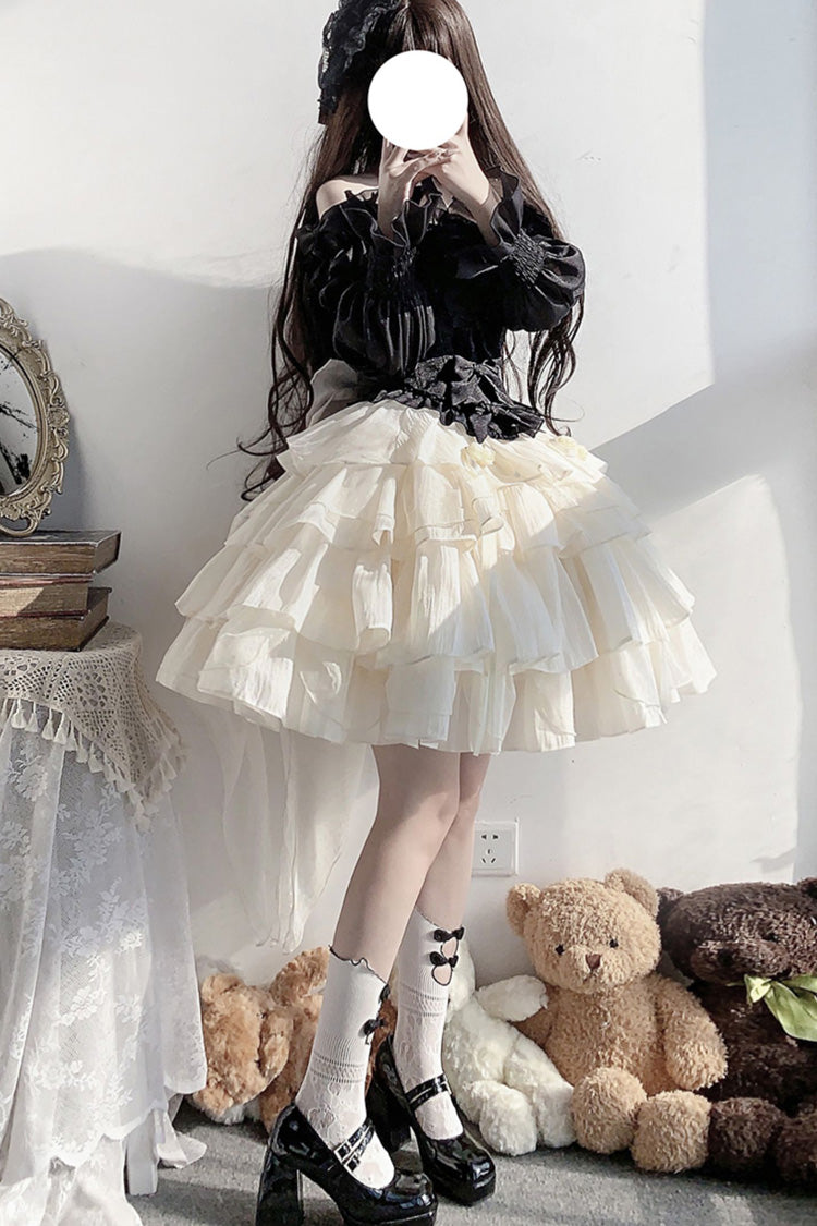 Black Top and Apricot Bowknot Sweet Princess Lolita Layered Skirt Dress