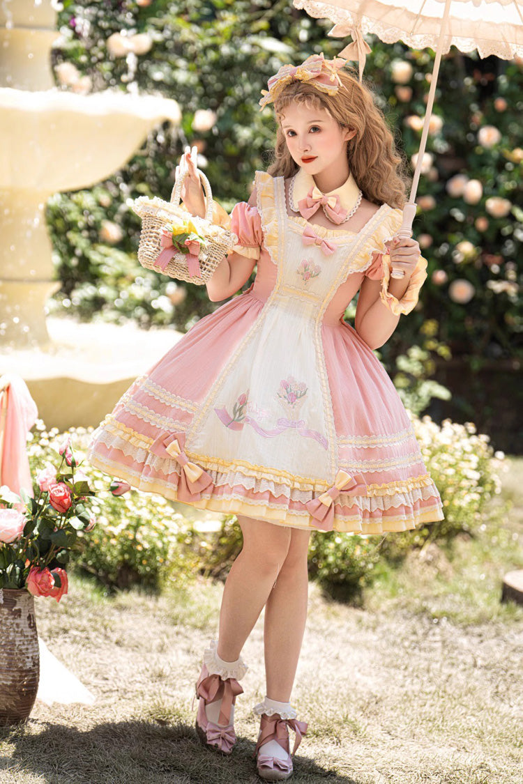 Pink Short Sleeves Tulip Print Ruffle Bowknot Sweet Lolita Dress