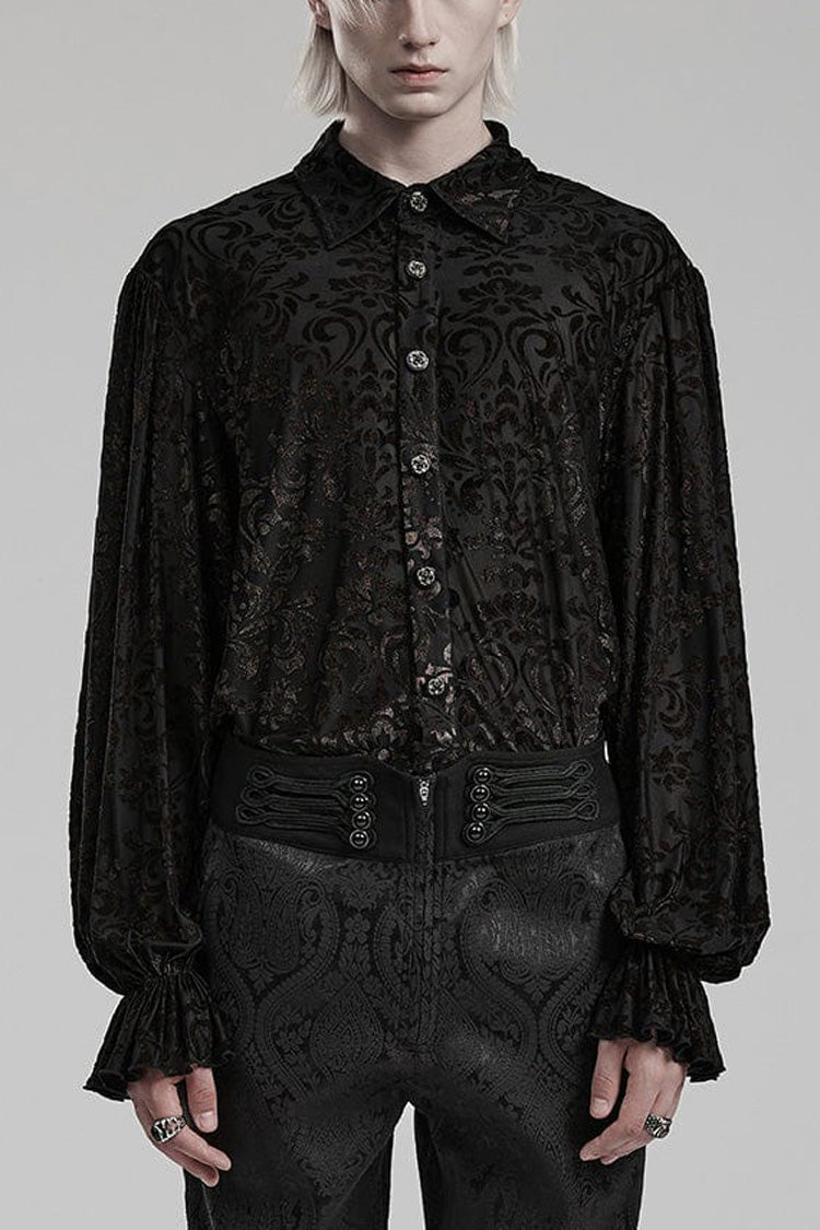 Black Lapel Collar Long Trumpet Sleeves Bronzing Pattern Print Mens Gothic Gorgeous Blouse