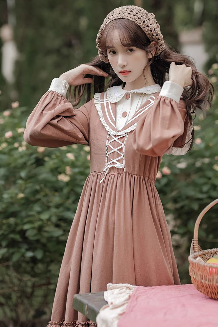 Brown Long Sleeves Multi-layer Ruffle Two Fake Pieces Sweet Lolita Dress