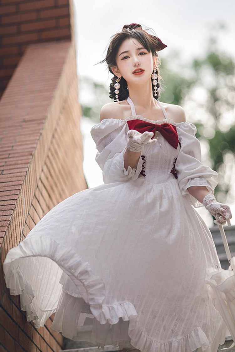 White Roman Covenant Boat Neck Long Sleeves Ruffle Classic Lolita Dress
