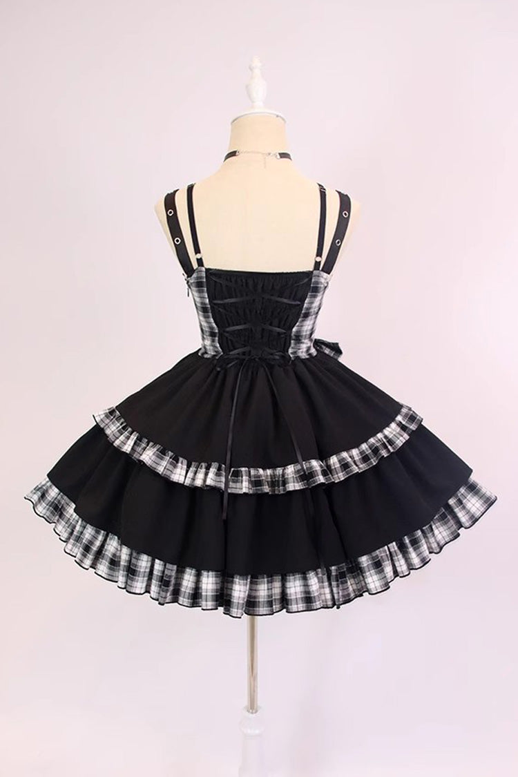 Black/White Plaid Print Color Contrast Leather Buckle Bowknot Ruffle Gothic Lolita JSK Dress