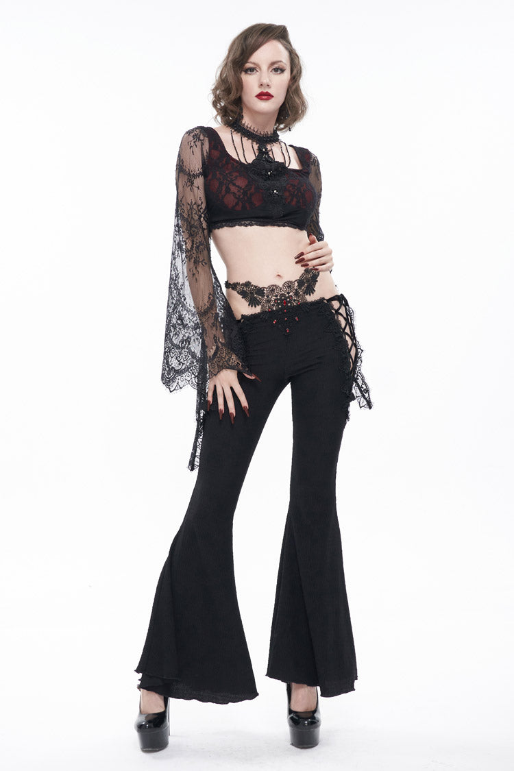 Black Low-Rise Lace Gem-Embellished Bilateral Lace-Up Cutout Flared Women's Gothic Pants