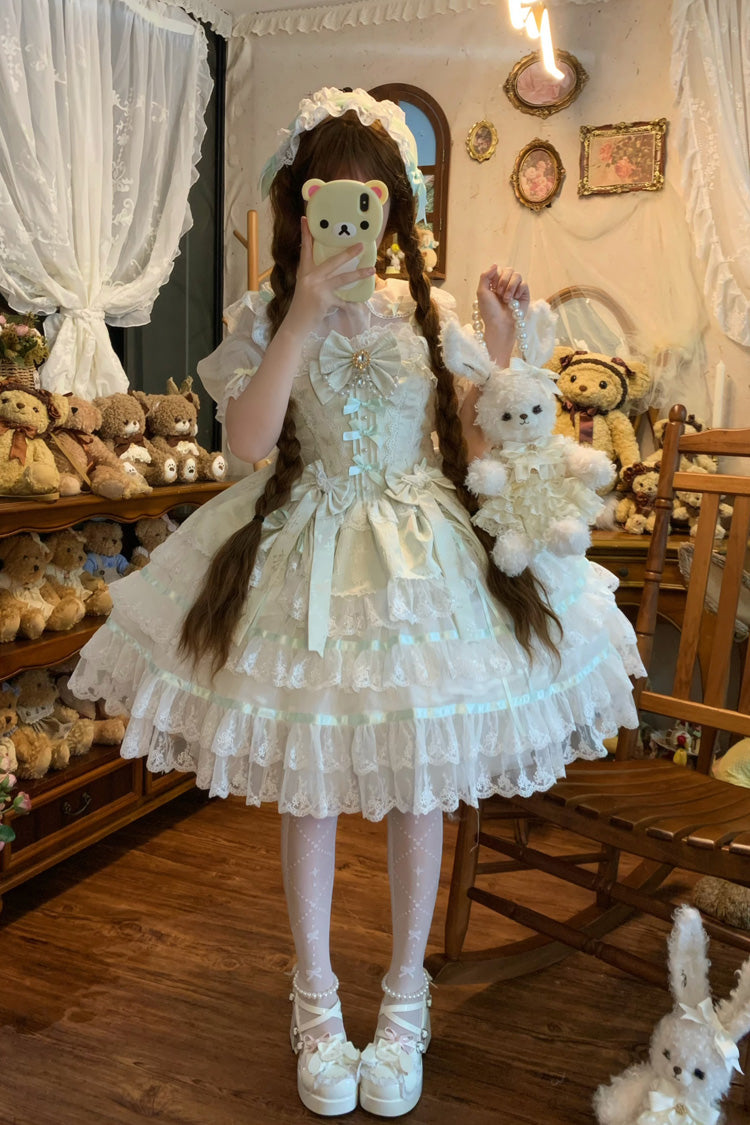 Green [Snow Kissed Romance] Sleeveless High Waisted Multi-Layered Bowknot Lace Pearl Sweet Ballet Lolita Jsk Dress