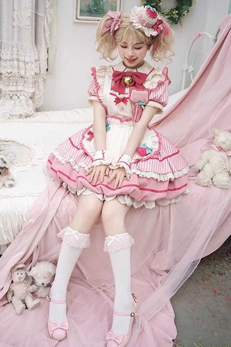 Pink [Berry Bubbles] Stripe Print Ruffle Bowknot Lace Sweet Lolita Dress