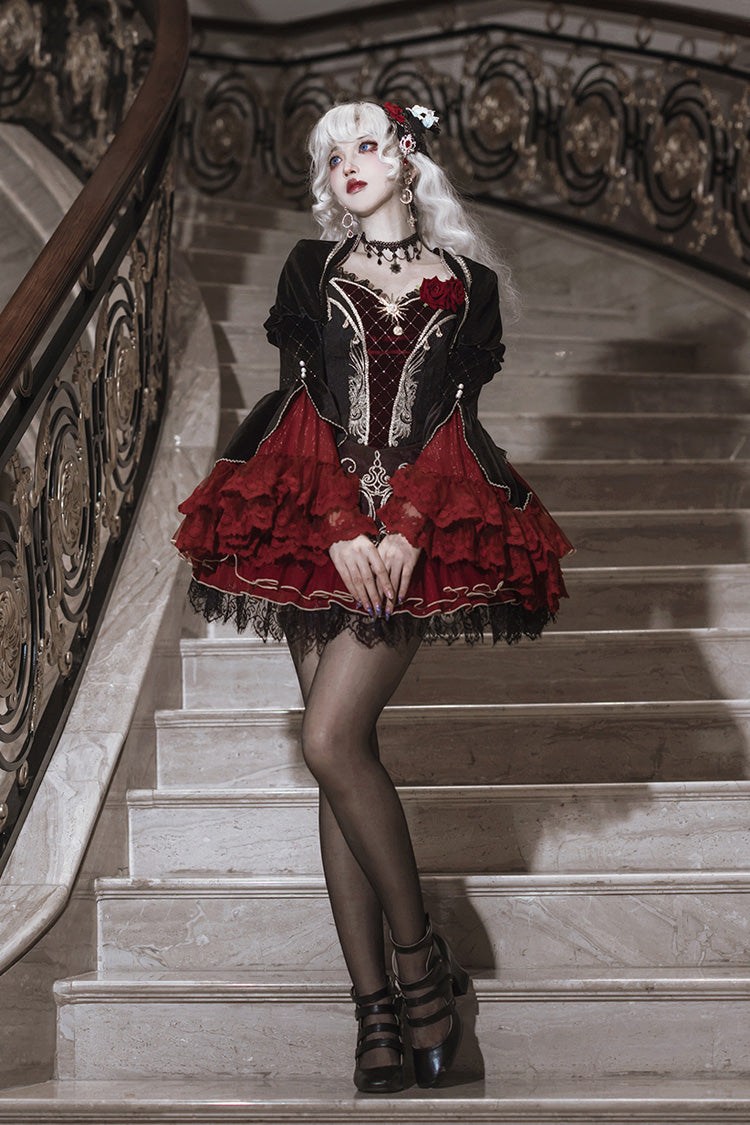Schwarz/Rot [Blutclan-Fest] Rüschenstickerei Spitze Gothic Lolita Jsk Kleid Set 