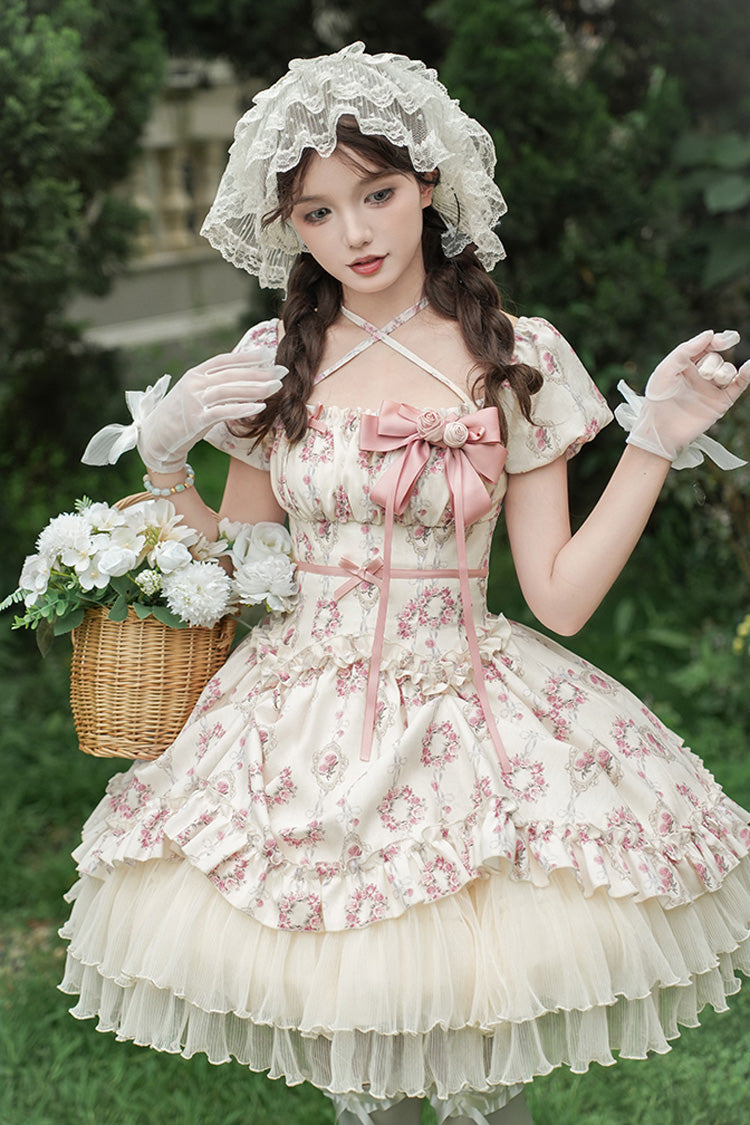 Robe courte Lolita douce à manches courtes ivoire [Rose après la pluie] à imprimé triple couche avec nœud à volants et lacets 