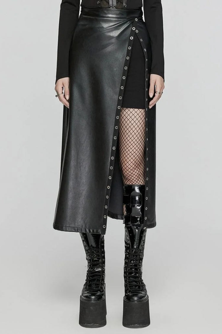 Black Cut-Out Asymmetric Eyelet Women's Punk Cool Split Faux Leather Skirt