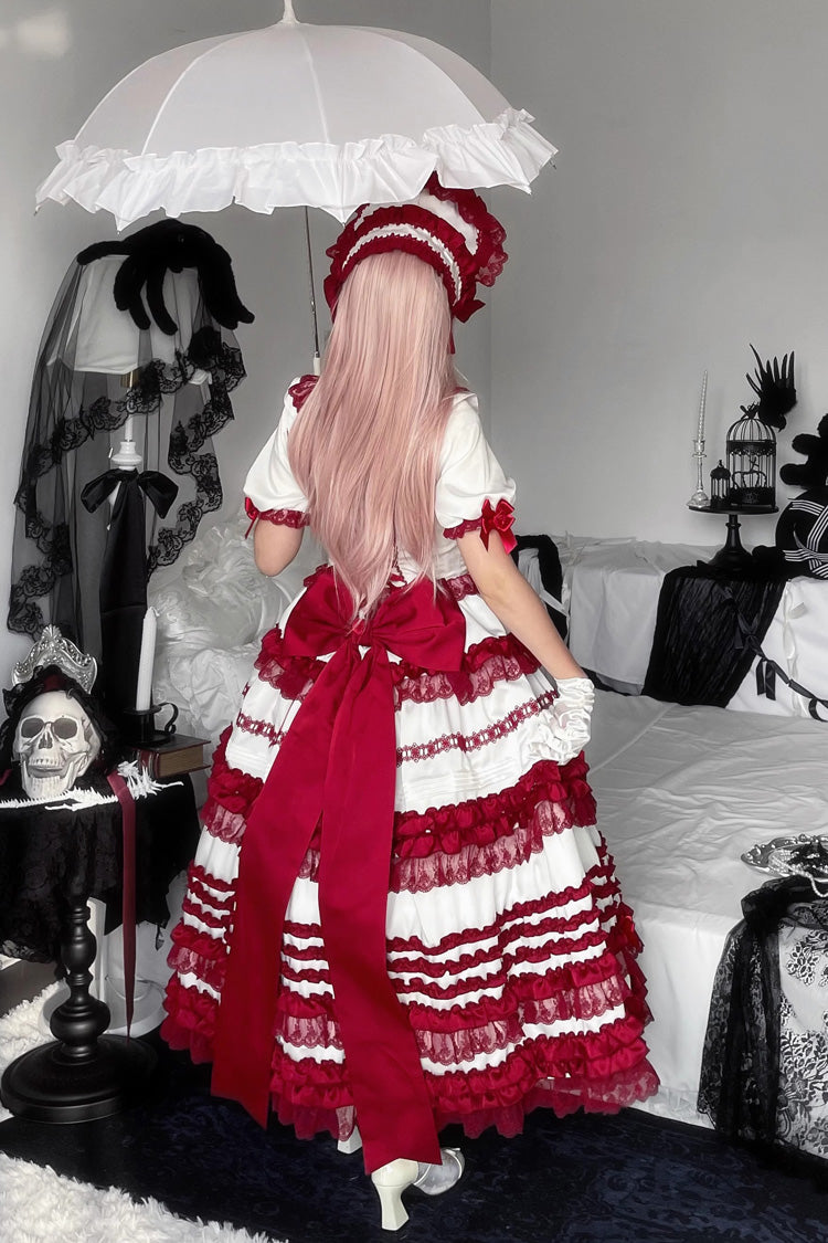 Blanc/Rouge [Velours Rouge Superposé] Manches Courtes Volants Nœud Papillon Dentelle Robe Sweet Lolita 