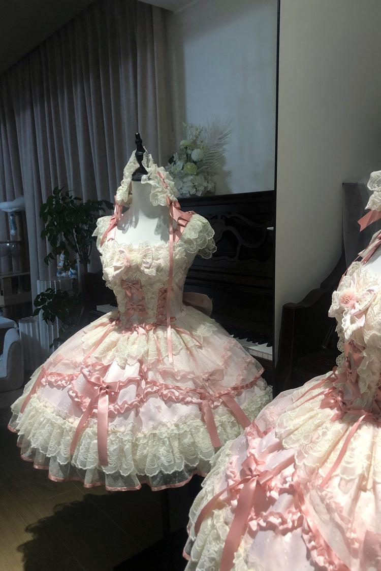 Rosa [Träumender Schmetterling] Mehrschichtiger Jacquard Rüschen Schleifen Spitze Süßes Prinzessin Lolita Jsk Kleid 