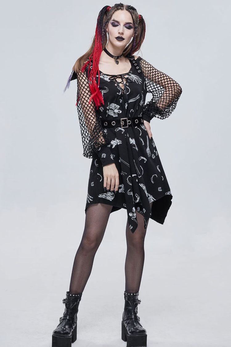 Black Gothic Knit Bone Print Sling Metal Grommet Strap Design Long Sleeve Women's Dress